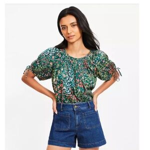 Loft  Petite Garden Tie Cuff Top Size Large Emerald Essence Sz Large MSRP $64.50